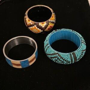 Bundle of three bangles: Navajo quilt pattern, modern plaid pattern and beaded